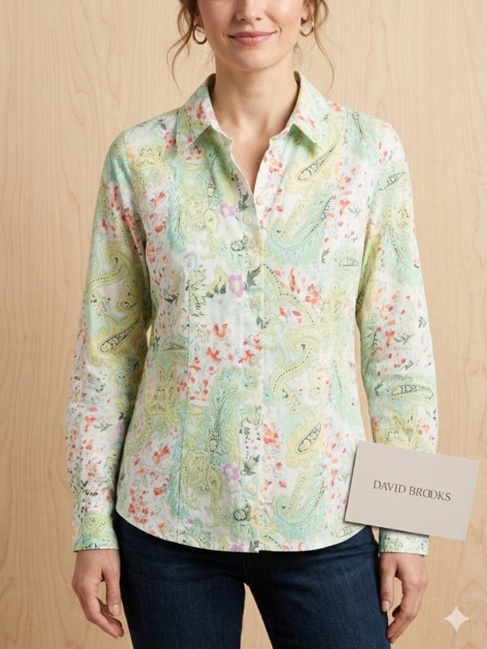 David Brooks Paisley Button-Up Blouse - Mint & Coral